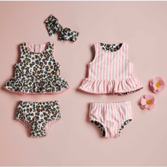 Mud pie leopard/pink stripe reversible tankini swimsuit set 5t - Picture 2 of 4